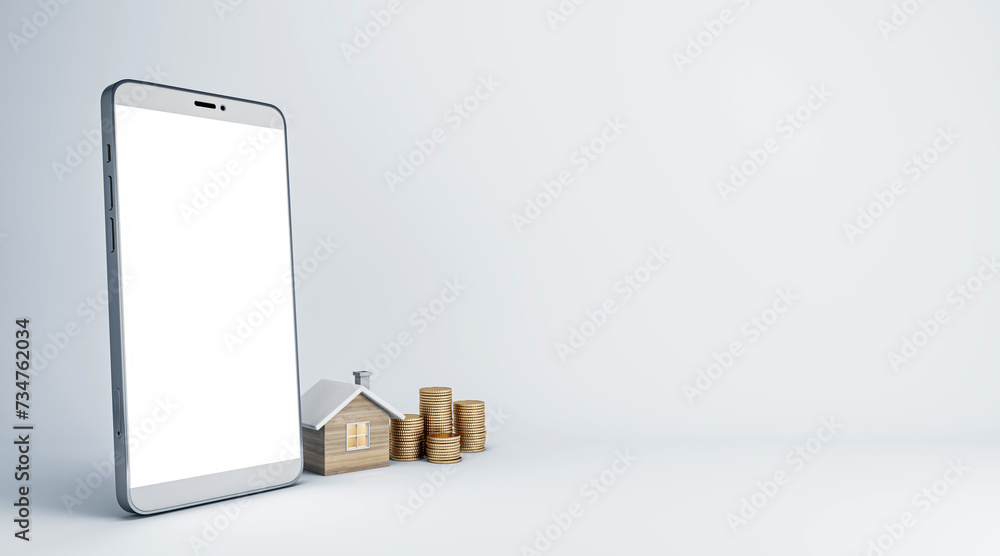 Poster empty white mock up smartphone with house and coins on light background. online home purchase, buy a