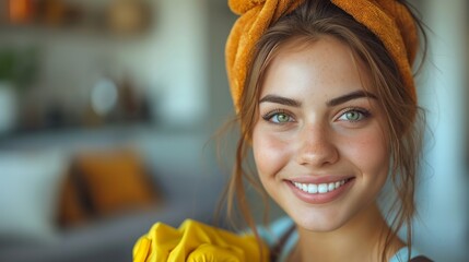 Naklejka premium A smiling woman with a headband, holding yellow fabric, in a room with a blurred background