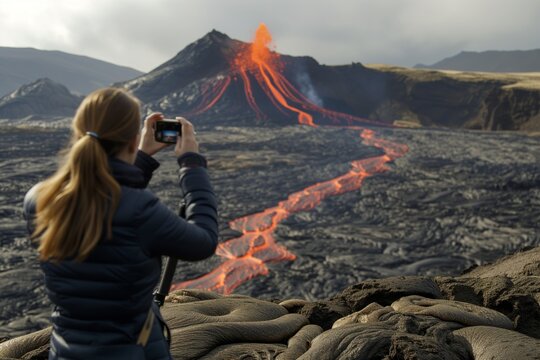 woman taking photos of a branching lava stream in mountains