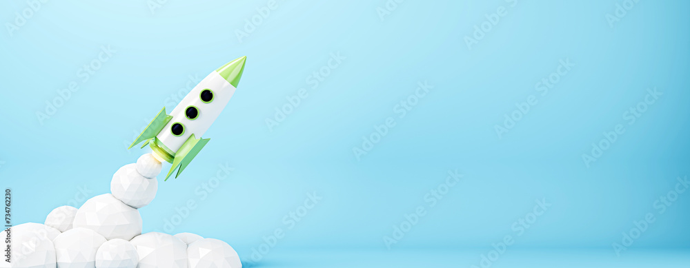 Poster polygonal rocket launching on a wide blue background, symbolizing startup and growth. 3d rendering