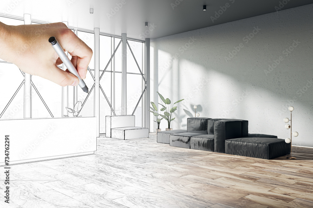 Poster hand completing a reception area design with sketched elements