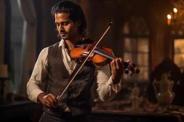 
Portrait of a 32-year-old male Indian singer performing classical music at an elegant concert hall