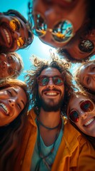 Obraz premium A group of joyful friends smiling and wearing sunglasses forms a close circle under a blue sky, generative ai