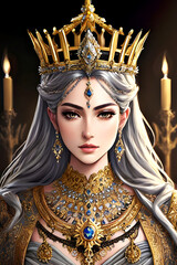 illustrated portrait of beautiful elegant queen with long platinum silver hair, wearing crown jewels - ornate golden crown, fancy elaborate sapphire/gemstone necklace, dangling earrings - noble gaze