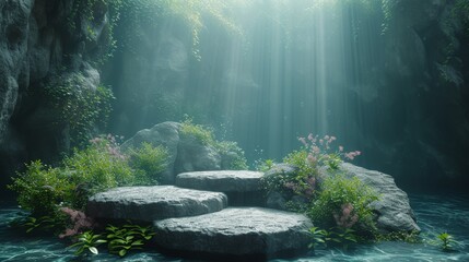 An ethereal underwater scene with sunlight filtering through, highlighting rocks and plants in a tranquil setting, generative ai