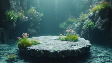 A mystical floating stone platform surrounded by verdant foliage underwater, with light filtering through the depths above, generative ai - obrazy, fototapety, plakaty