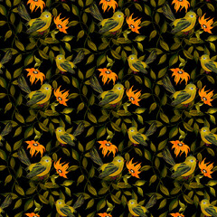 Stylish seamless pattern with birds and flowers, for textiles, wallpaper, baby clothes