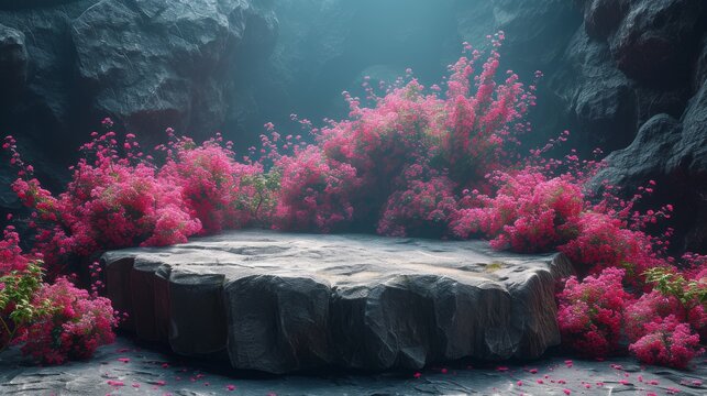A serene, mystical clearing with vibrant pink flowers surrounding a flat stone platform, like a hidden sanctuary, generative ai