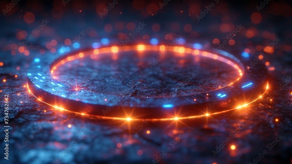 Poster a glowing circular ring with blue and orange lights on a textured surface amidst floating particles,