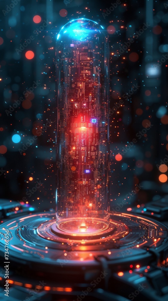 Poster a futuristic capsule with intricate circuitry glows amidst a backdrop of swirling, luminescent parti