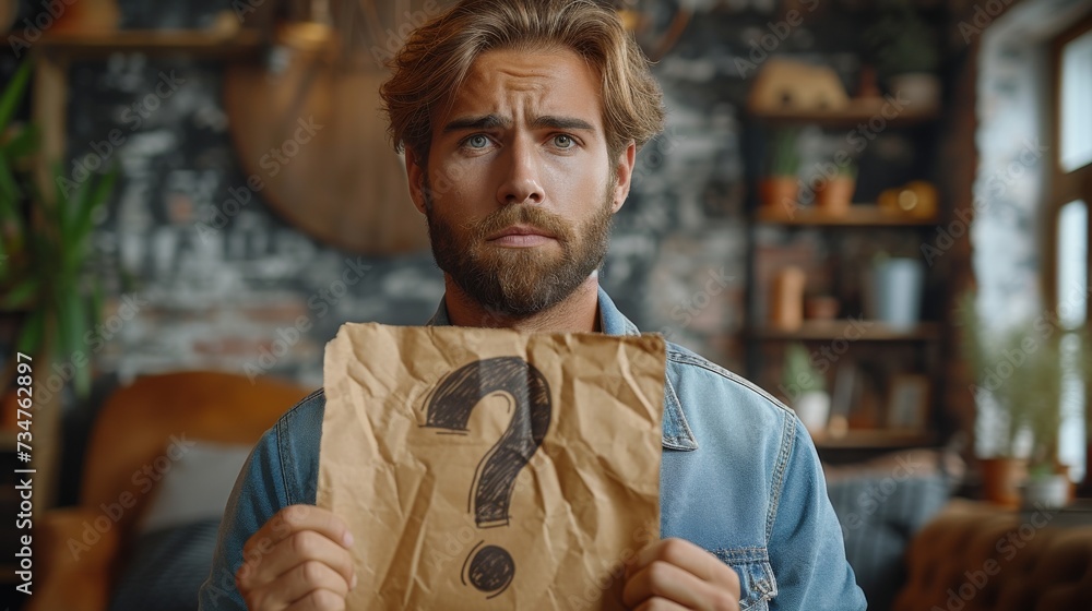 Aufkleber man with a beard holding a paper bag with a question mark, looking uncertain and thoughtful, generat