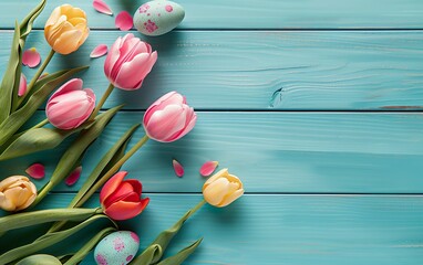 Obraz premium Ester holiday background with easter eggs and tulips on wooden background