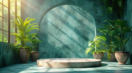 An indoor garden with sunbeam, potted plants, stone platform, and an archway reflecting tranquil, lush ambiance, generative ai