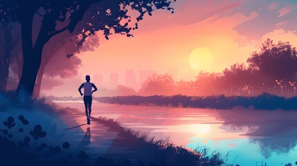 Solitary runner enjoying a sunset jog in a serene park. digital art landscape, ideal for wallpapers and backgrounds. AI