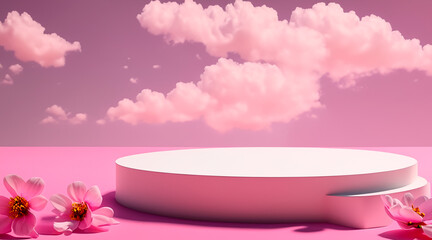 Serene scene with empty podium for display or product showcase with soft pink sky, fluffy pink clouds, and nature accents, IA generated