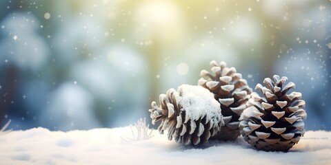 Fototapeta na wymiar Frozen pine cones in the snow. Winter and Christmas background