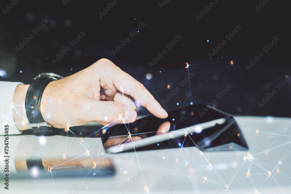 Poster creative concept of wireless technology and finger clicks on a digital tablet on background. big dat