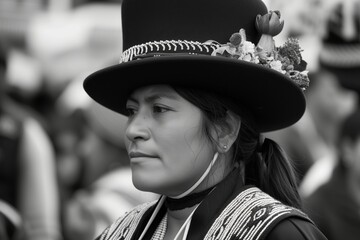 woman in peruvian pollera and bowler hat at a cultural parade - obrazy, fototapety, plakaty