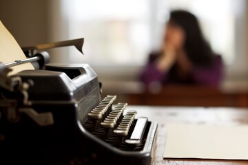 old typewriter in focus with person in background pondering, blank page