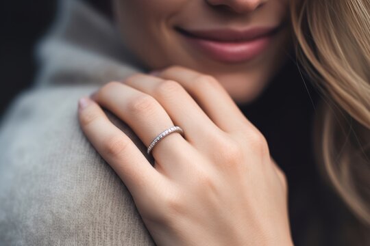Close up photo of the ring finger flaunting a modern engagement ring, with the girl's delighted face gently blurred beyond