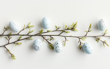 Flat lay easter composition with a willow branch - obrazy, fototapety, plakaty