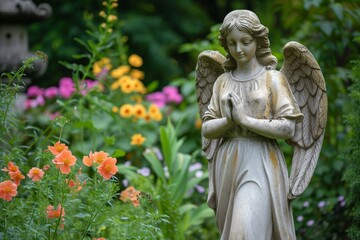 angel statue in a garden with blooming flowers around