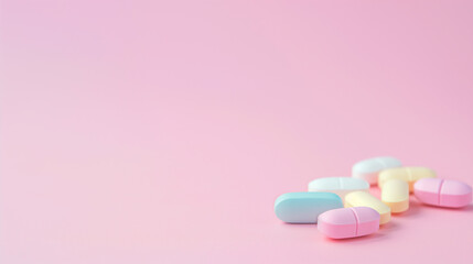 Obraz na płótnie Canvas Assorted Pills on Soft Pink Background with Copy Space