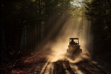 backlit photo of atv dust trail on a forest road