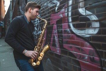 saxophonist playing by an urban brick wall with graffiti - obrazy, fototapety, plakaty