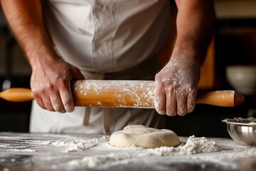 baker rolling out dough with a wooden rolling pin in a kitchen