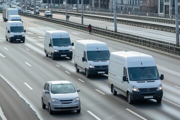 convoy of modern delivery vans on a city trade route - obrazy, fototapety, plakaty