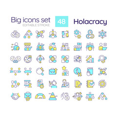 Holacratic organization blue RGB color icons set. Distributed authority. Team centric structure. Isolated vector illustrations. Simple filled line drawings collection. Editable stroke