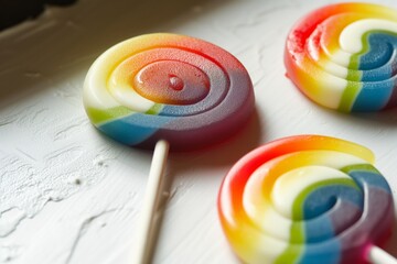 rainbow lollipop closeup on white surface