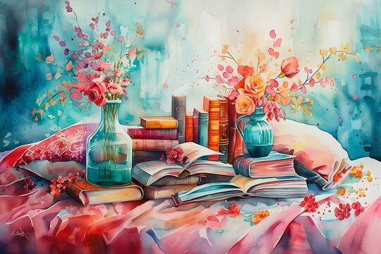 Colorful still life painting with books and vases. AI artwork on canvas. ideal for home decor and artistic backgrounds. dreamy, vibrant tones radiating warmth. AI