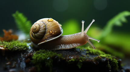 Snail live in the rain forest, Close-up, Macro image of a snail, mollusk, escargot, gastropod, slug climbing on beautiful green Moss in the rain forest, wildlife in nature and environmental concept - obrazy, fototapety, plakaty