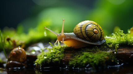 Macro photo of a snail, mollusk, escargot, gastropod, slug climbing on beautiful green Moss in the rain forest, Close up snail live in the rain forest, wildlife in nature and environmental concept - obrazy, fototapety, plakaty