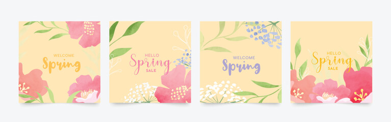 Spring season floral square cover vector. Set of banner design with flowers, leaves, branch, watercolor texture. Colorful blossom background for social media post, website, business, ads. 