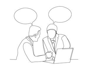 continuous single line sketch drawing of two man coworker talking something on laptop, bubble chat talk. One line art of office worker employee vector illustration