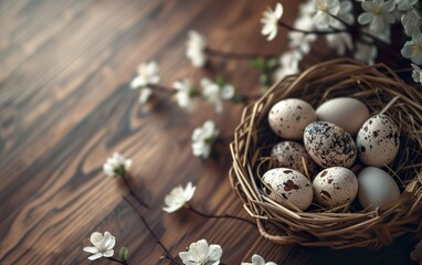 Happy easter Easter painted eggs in the basket on wood