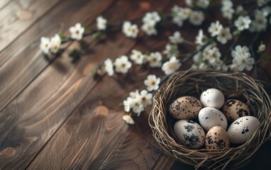 Happy easter Easter painted eggs in the basket on wood