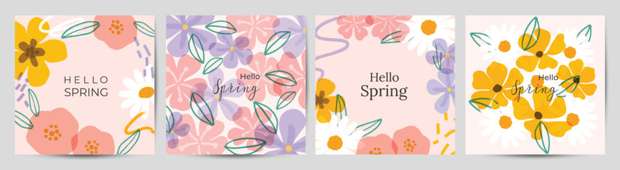 Spring season floral square cover vector. Set of banner design with flowers, leaves, branch. Colorful blossom background for social media post, website, business, ads.  - 734766287