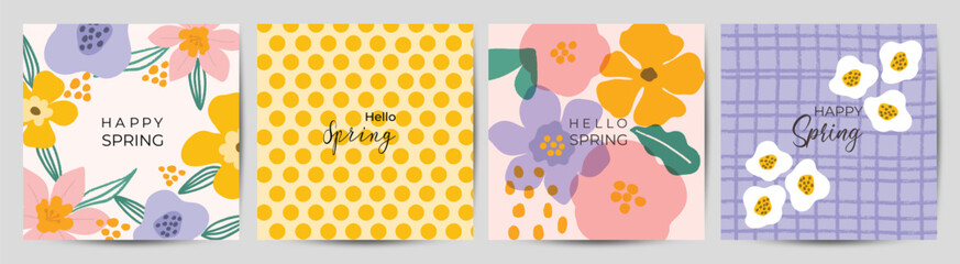 Fototapeta premium Spring season floral square cover vector. Set of banner design with flowers, leaves, branch. Colorful blossom background for social media post, website, business, ads. 