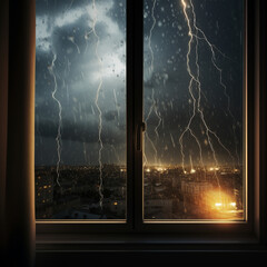 thunderstorm outside the window. view outside the window. generative ai