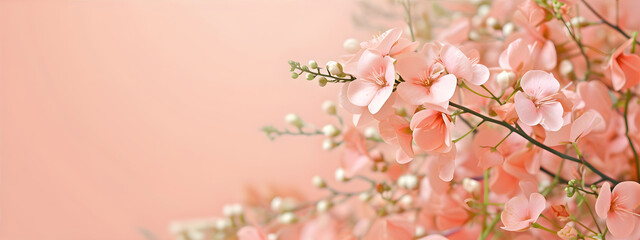Banner with diascia flowers on the soft pink background. Spring concept. Copy space