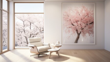 Minimalistic living room interior with artwork, pink armchair, and wooden coffee table