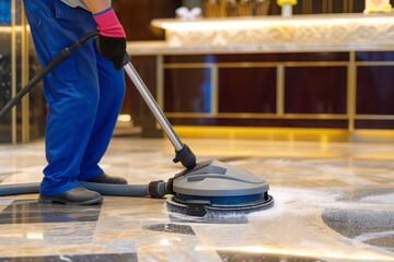 housekeeper using a portable floor cleaner in a hotel lobby