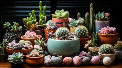 Fototapeta premium Stylish composition of home garden interior filled with beautiful plants, cacti, and succulents