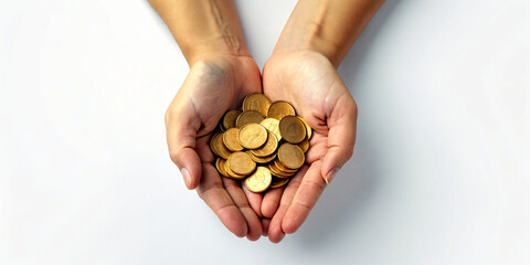 Person holding handful of coins in hands - obrazy, fototapety, plakaty