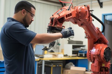 technician testing robot arm flexibility after repairs