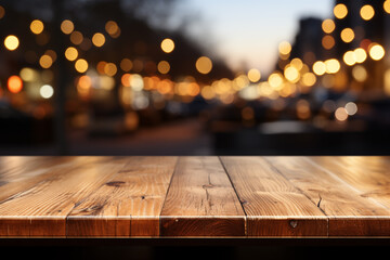 Wood table floor with empty space for showing products with blurred backgrounds.